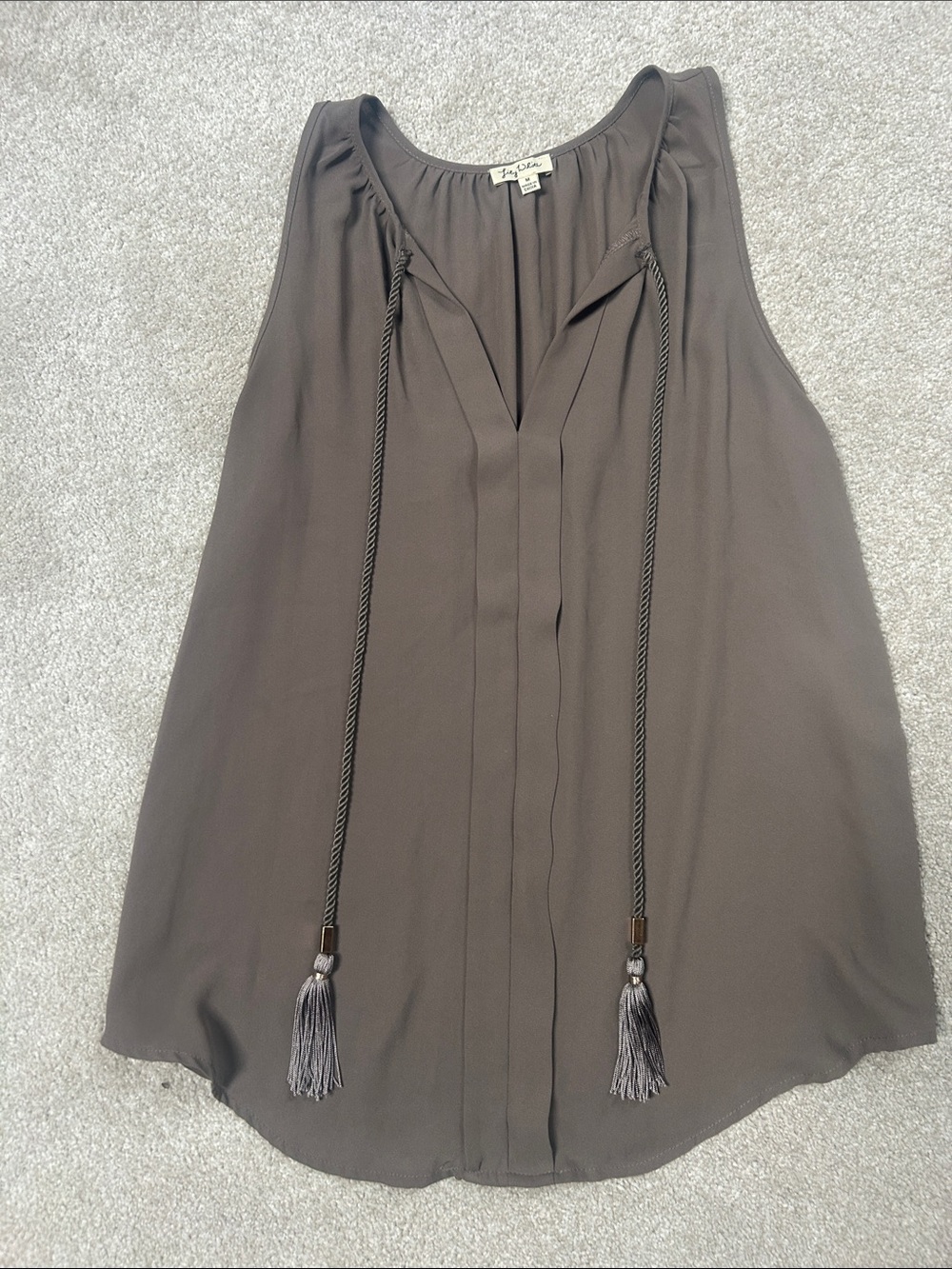 Lily White Taupe Sleeveless Tassel Tie Blouse